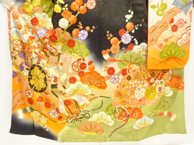  大正ロマン　御所車に松梅模様刺繍五つ紋花嫁衣装振袖2枚重ね・丸帯セット